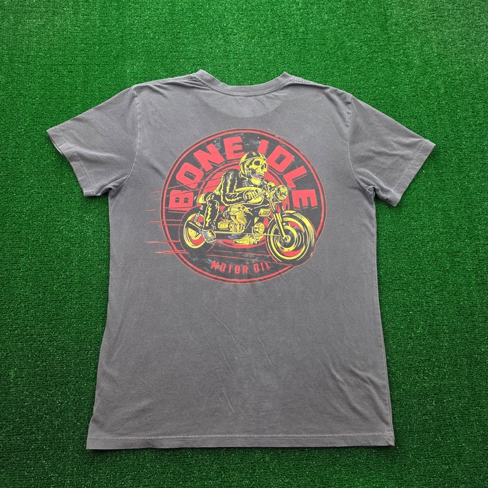 Bone Idle Motor‎ Oil Graphic Tshirt Mens Medium Gray Motorcycle Skull Biker Tee